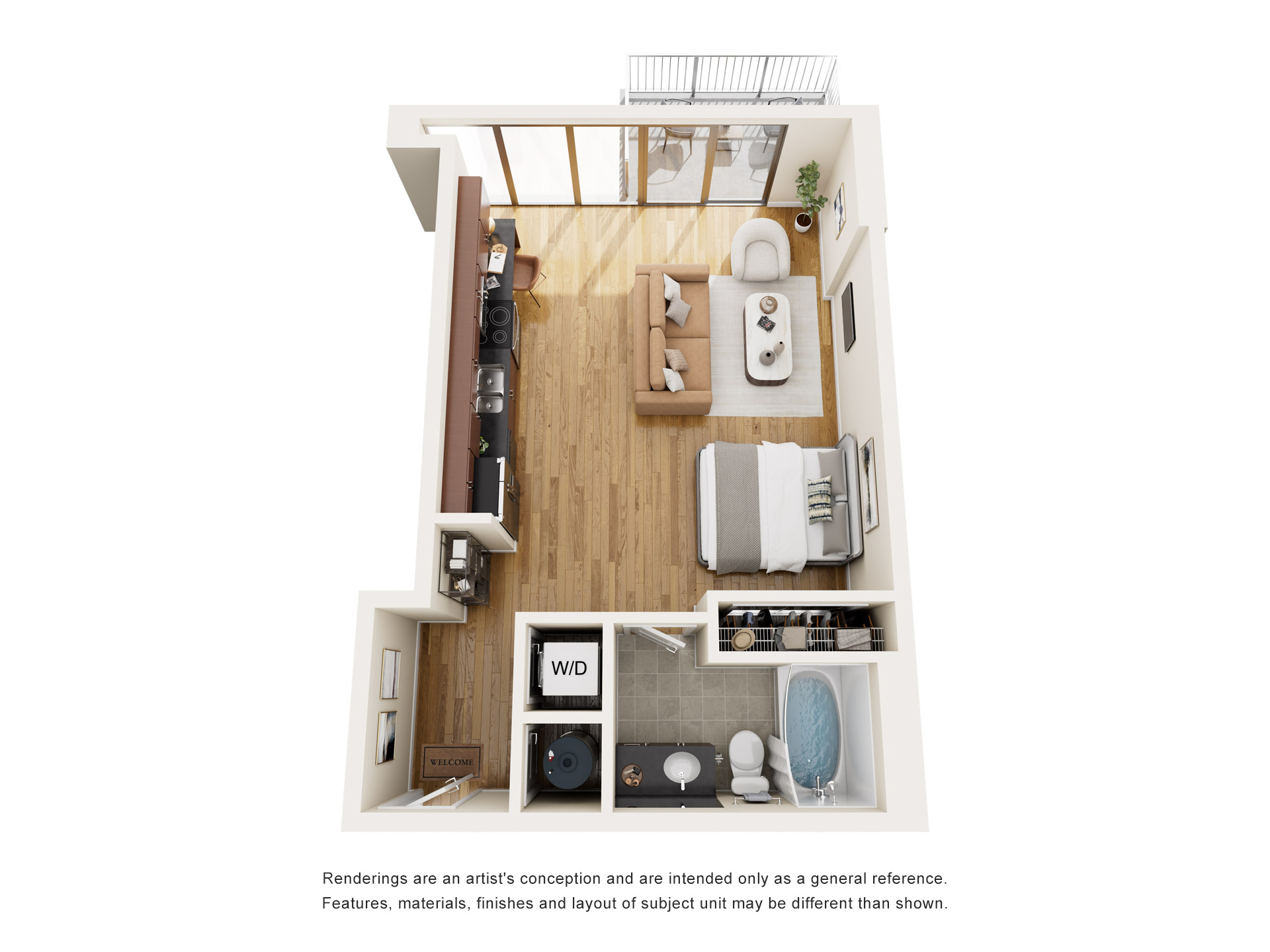 Floor plan for studio, 1 bath, 577 sqft